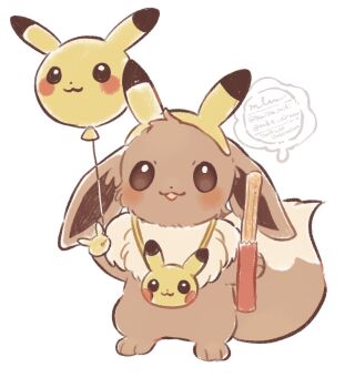 balloon blush brown_eyes churro commentary_request eevee food gen_1_pokemon headband highres holding jewelry mkt_(buizu-miki) necklace nintendo no_humans open_mouth pikachu pokemon pokemon_(creature) pokemon_focus smile standing twitter_username white_background