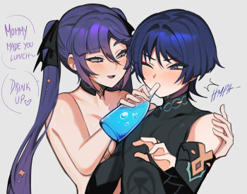 1boy 1girl armor black_choker black_ribbon blue_hair blush bottle breasts choker commentary drinking english_commentary english_text genshin_impact grey_background hair_between_eyes hair_ribbon highres holding holding_bottle japanese_armor kote kurokote long_hair makeup mandarin_collar medium_breasts memeh mona_(genshin_impact) one_eye_closed open_mouth purple_hair ribbon scaramouche_(genshin_impact) simple_background twintails upper_body wanderer_(genshin_impact)