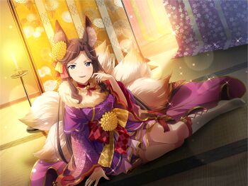 1girl animal_ears brown_hair candle cosplay fake_animal_ears fake_tail fox_ears fox_tail game_cg hair_ornament hand_up indoors japanese_clothes japanese_mythology kimono kneehighs long_hair long_sleeves looking_at_viewer multiple_tails official_art parted_lips purple_eyes purple_kimono shoujo_kageki_revue_starlight shoujo_kageki_revue_starlight_-re_live- sidelocks sitting socks solo tail tamamo_no_mae_(mythology) tamamo_no_mae_(mythology)_(cosplay) tatami tendou_maya white_socks wide_sleeves x_hair_ornament yokozuwari