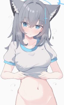 1girl absurdres animal_ear_fluff animal_ears blue_archive blue_eyes breasts cross_hair_ornament grey_hair hair_ornament halo highres looking_at_viewer medium_breasts navel nui_(nuinui0300) shiroko_(blue_archive) shirt simple_background solo variant_set white_background wolf_ears