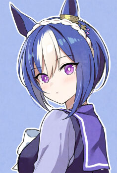 1girl animal_ears blue_background blue_hair blush bow bowtie braid breasts cesario_(umamusume) crown_braid ear_ornament hair_between_eyes hair_ornament horse_ears horse_girl long_sleeves looking_at_viewer mauve multicolored_hair parted_lips purple_eyes purple_sailor_collar purple_serafuku purple_shirt sailor_collar sailor_shirt school_uniform serafuku shirt short_hair tracen_school_uniform umamusume upper_body white_bow white_bowtie white_hair