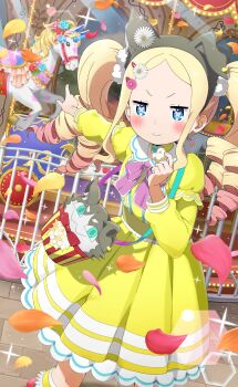 &gt;:) 1girl animal_ears beatrice_(re:zero) blonde_hair blue_eyes blush bow butterfly-shaped_pupils carousel dress drill_hair fake_animal_ears falling_petals flower forehead gradient_hair hair_flower hair_ornament hairclip highres long_hair long_sleeves looking_at_viewer multicolored_hair non-web_source official_alternate_costume official_alternate_hairstyle official_art outdoors parted_bangs petals pink_bow pink_hair pink_pupils pointing re:zero_kara_hajimeru_isekai_seikatsu re:zero_kara_hajimeru_isekai_seikatsu:_lost_in_memories sidelocks smile solo standing symbol-shaped_pupils twintails v-shaped_eyebrows yellow_dress