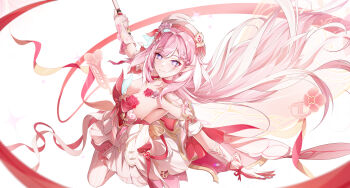 1girl absurdres bare_shoulders beret breasts cleavage commentary diamond-shaped_pupils diamond_(shape) dress earrings elf elysia_(hi_love_elf)_(honkai_impact) elysia_(honkai_impact) gloves hat heart heart_earrings highres holding_ribbon_baton honkai_(series) honkai_impact_3rd instrument jewelry large_breasts long_hair looking_at_viewer miyoushe_watermark multicolored_hair ooo_wange pink_hair pointy_ears purple_eyes red_dress simple_background smile solo symbol-shaped_pupils trumpet two-tone_dress two-tone_hair very_long_hair watermark white_background white_dress white_gloves white_hair