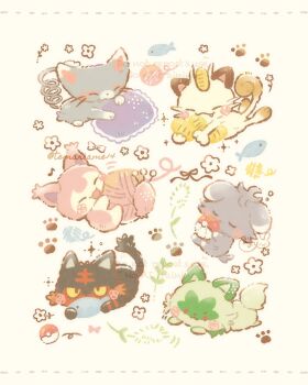 Rule 34 | animal focus, blush, bow, cat, commentary request, espurr, fang, fish, flower, gen 1 pokemon, gen 3 pokemon, gen 4 pokemon, gen 6 pokemon, gen 7 pokemon, glameow, highres, leaf, litten, meowth, nintendo, no humans, pillow, poke ball, poke ball (basic), pokemon, pokemon (creature), pokemon focus, simple background, skitty, smile, sprigatito, temariame14, twitter username, yarn, yarn ball