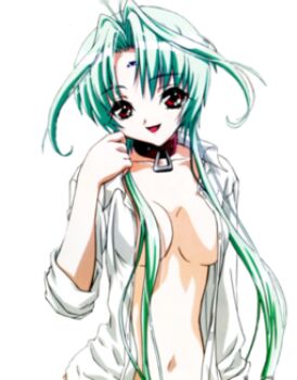 1girl breasts collar collarbone dears eyebrows female_focus green_hair long_hair lowres navel red_eyes ren_(dears) solo transparent_background