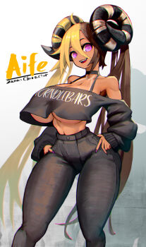 1girl ahoge aife_(zana) artstation_sample bikini_tan black_choker black_horns blonde_hair borrowed_character breasts brown_hair choker chromatic_aberration clothes_writing commentary crop_top crop_top_overhang english_commentary english_text female_focus fuck-me_shirt goat_horns gyaru hair_on_horn hands_on_own_hips high-waist_pants highres hiragana_oufu horns huge_breasts image_sample kogal long_hair multicolored_hair nail_polish narrow_waist navel off_shoulder original pants pink_eyes pink_nails pixiv_id sharp_teeth solo spaghetti_strap split-color_hair standing tan tanline teeth thick_thighs thighs twintails twitter_sample two-tone_hair underboob very_long_hair