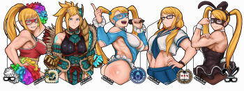 1girl alternate_hairstyle animal_ears artist_name ass bespectacled black-framed_eyewear blonde_hair blue_serafuku breasts capcom cheerleader cleavage commentary company_connection cosplay crop_top dated english_commentary eye_mask fake_animal_ears glasses hair_ornament hair_scrunchie hairclip hershuar highres low_twintails mask monster_hunter_(series) multiple_persona muscular muscular_female official_alternate_costume pantyhose playboy_bunny pom_pom_(cheerleading) ponytail rabbit_ears rainbow_mika school_uniform scrunchie serafuku slap_mark smile spanked street_fighter street_fighter_v twintails twitter_username upper_body wrestling_mask wrestling_outfit zinogre_(armor)