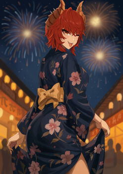 1girl absurdres dragon_girl dragon_horns festival fireworks highres horn_piercing horns indie_virtual_youtuber japanese_clothes kimono meibin night night_sky one_eye_closed orange_eyes piercing red_hair sky smile summer_festival tongue tongue_out virtual_youtuber zentreya
