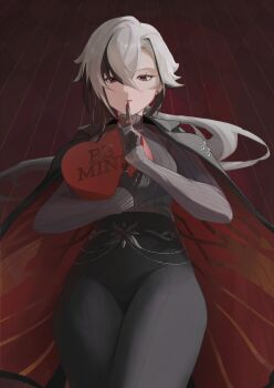 1girl 69pou absurdres arlecchino_(genshin_impact) black_eyes black_hair black_hands black_jacket black_pants black_sweater box colored_extremities finger_to_mouth genshin_impact grey_hair hashtag-only_commentary heart-shaped_box high-waist_pants highres jacket jacket_on_shoulders looking_at_viewer pants solo sweater symbol-shaped_pupils x-shaped_pupils