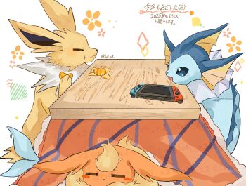blue_eyes blush closed_eyes commentary_request dated eating flareon food fruit gen_1_pokemon holding jolteon lvli_x2 nintendo nintendo_switch no_humans open_mouth orange_(fruit) pokemon pokemon_(creature) smile table twitter_username vaporeon