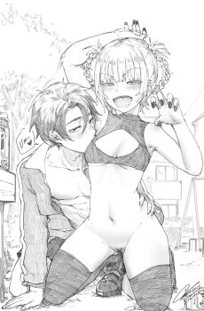 1boy 1girl absurdres arm_up bare_arms bare_shoulders blush boots bottomless braid braided_hair_rings breasts claw_pose cleavage_cutout clothing_cutout commentary crop_top english_commentary fangs female_pubic_hair fkscrashing graphite_(medium) greyscale hair_rings hand_on_another's_waist hand_up hetero highres kneeling licking licking_armpit looking_at_viewer monochrome nanakusa_nazuna_(yofukashi_no_uta) navel open_mouth pubic_hair small_breasts smile stomach thigh_boots traditional_media yamori_kou yofukashi_no_uta