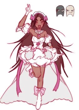 1girl alien_stage alternate_costume animalization brown_hair bubble_skirt choker dark-skinned_female dark_skin detached_collar detached_sleeves dewey_(alien_stage) dress gloves headdress heart highres hyuna_(alien_stage) isaac_(alien_stage) long_hair magical_girl pink_choker pirasa_(everlandroads) puffy_short_sleeves puffy_sleeves short_sleeves skirt strapless strapless_dress very_long_hair white_dress white_gloves white_sleeves