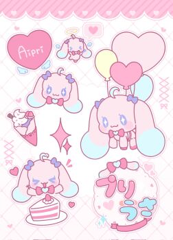 >_< :3 :d ahoge animal_ears balloon blush_stickers bow bowtie cake cake_slice commentary copyright_name crepe cropped_torso detached_wings food fruit halo heart heart_ahoge heart_balloon highres himitsu_no_aipri looking_at_viewer meiyang multiple_views no_humans no_mouth no_nose open_mouth outline pretty_series priusa purple_eyes rabbit_ears red_bow red_bowtie smile sparkle speech_bubble star-shaped_pupils star_(symbol) strawberry symbol-only_commentary symbol-shaped_pupils whipped_cream white_outline wings