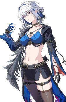 1girl black_gloves black_jacket black_pantyhose black_shorts black_thighhighs black_wings blue_bra blue_hair bra breasts cleavage collarbone colored_inner_hair commentary corrupted_twitter_file cropped_jacket feathered_wings fingernails galbrena_(wuthering_waves) gloves gold_choker grey_hair hair_between_eyes hair_intakes hand_up highres hikkio jacket looking_at_viewer medium_breasts medium_hair multicolored_hair navel pantyhose parted_lips purple_eyes sharp_fingernails shorts sidelocks simple_background single_leg_pantyhose single_thighhigh single_wing solo stomach thigh_strap thighhighs underwear very_long_fingernails white_background wings wuthering_waves