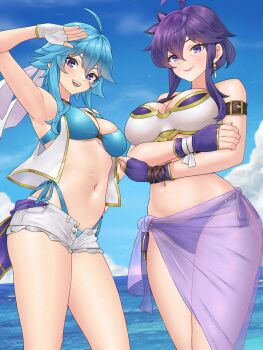 2girls absurdres ahoge arm_up armlet armor armpits bare_legs beach bikini bikini_armor blue_bikini blue_hair breasts cleavage commission commissioner_upload crossed_arms day earrings fingerless_gloves fire_emblem fire_emblem:_genealogy_of_the_holy_war flower flower_on_head gloves headband highleg highleg_bikini highres jacket jewelry larcei_(fire_emblem) looking_at_viewer mother_and_daughter multiple_girls navel nintendo ocean open_fly original purple_eyes purple_hair redkite333 selia_(mrtalkingdino) short_hair short_shorts shorts side-tie_bikini_bottom sidelocks sleeveless sleeveless_jacket smile stomach swimsuit swimsuit_cover-up thighs tomboy white_headband