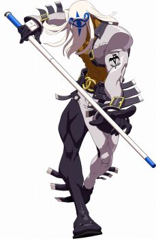 1boy 3d abs arc_system_works armor asymmetrical_clothes belt cropped_jacket cue_stick dark-skinned_male dark_skin faulds guilty_gear guilty_gear_xrd hair_over_eyes highres long_hair male_focus official_art solo textless_version venom_(guilty_gear) white_hair