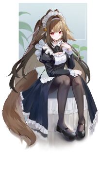 1girl absurdres alternate_costume animal_ears black_dress black_pantyhose black_shoes breasts brown_hair cleavage closed_mouth commentary_request dress enmaided floppy_ears hand_up highres long_hair long_sleeves looking_at_viewer maid maid_headdress pantyhose red_eyes shoes simple_background sitting smile solo tail very_long_hair wakum white_background ye_shunguang zenless_zone_zero
