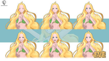 bikini blonde_hair blue_eyes blush bored breasts character_name closed_eyes commentary crovoclash english_commentary eve_(shuumatsu_no_valkyrie) happy highres large_breasts leaf_bikini light_blush long_hair multiple_faces open_mouth petals sad shuumatsu_no_valkyrie sidelocks simple_background smile swimsuit upper_body very_long_hair white_background