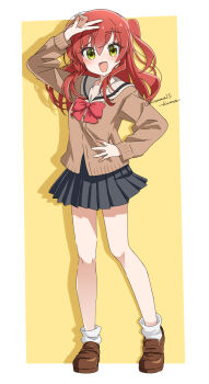 1girl :d ankle_socks arms_up artist_name black_skirt bocchi_the_rock! bow bowtie brown_cardigan brown_shoes cardigan commentary_request full_body highres kita_ikuyo kuuma25_kuma legs loafers long_hair one_side_up open_mouth pleated_skirt red_bow red_bowtie red_hair school_uniform serafuku shoes shuka_high_school_uniform skirt smile socks solo standing tongue twitter_username v watermark white_socks