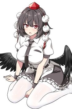 1girl absurdres bird_wings black_necktie black_wings blush breasts brown_hair collared_shirt commentary frilled_skirt frills hat highres large_breasts looking_at_viewer necktie open_mouth pantyhose pom_pom_(clothes) puffy_short_sleeves puffy_sleeves red_eyes red_hat ribbon-trimmed_skirt ribbon_trim rise_(rise19851203) shameimaru_aya shirt short_sleeves simple_background sitting skirt solo sweatdrop tokin_hat touhou wariza white_background white_pantyhose white_shirt wings