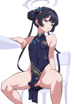 1girl absurdres aka_pochii arm_at_side arm_on_table bare_legs black_hair blue_archive blue_dress blue_eyes breasts butterfly_hair_ornament chair china_dress chinese_clothes closed_mouth clothes_lift commentary covered_navel dragon_print dress english_commentary feet_out_of_frame grey_halo groin hair_bun hair_ornament halo hand_up highres kisaki_(blue_archive) long_hair looking_ahead looking_to_the_side no_panties on_chair pelvic_curtain pelvic_curtain_lift print_dress pussy simple_background single_side_bun sitting sleeveless sleeveless_dress small_breasts solo spread_legs table twintails uncensored very_long_hair white_background
