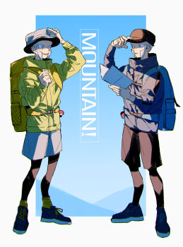 2boys absurdres azisaiharumaki56 backpack bag black_hat black_leggings black_shorts blue_bag brothers commentary_request emmet_(pokemon) english_text full_body grey_hair grey_hat hat highres hiking holding holding_map ingo_(pokemon) jacket leggings male_focus map multiple_boys nintendo poke_ball poke_ball_(basic) pokemon pokemon_bw shorts siblings twins yellow_bag