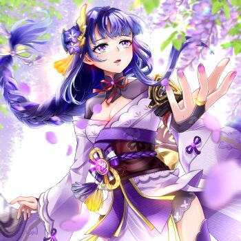 1girl armor blunt_bangs blurry blurry_background blush braid breasts bridal_gauntlets cherry_blossoms cleavage clothing_cutout commentary_request depth_of_field electro_symbol_(genshin_impact) falling_petals flower genshin_impact glowing hair_ornament highres japanese_clothes kimono lingerie long_braid long_hair mitsudomoe_(shape) mole mole_under_eye motion_blur neck_ribbon off_shoulder open_mouth outdoors petals purple_eyes purple_hair purple_kimono purple_nails purple_thighhighs raiden_shogun red_ribbon red_sash ribbon sash shoulder_armor shoulder_cutout single_braid solo standing tatara_tamayura thighhighs tomoe_(symbol) underwear upper_body white_background wisteria