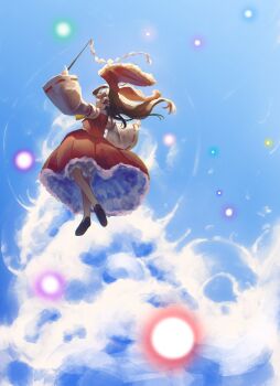 1girl absurdres ascot bloomers blue_sky bow brown_hair cloud commentary danmaku day detached_sleeves english_commentary floating frilled_bow frilled_hair_tubes frilled_skirt frills gohei hair_bow hair_tubes hakurei_reimu highres holding holding_gohei long_hair outdoors outstretched_arms red_bow red_skirt ribbon-trimmed_sleeves ribbon_trim shoes skirt skirt_set sky snoeflaefk solo spread_arms touhou underwear upskirt white_bloomers yellow_ascot