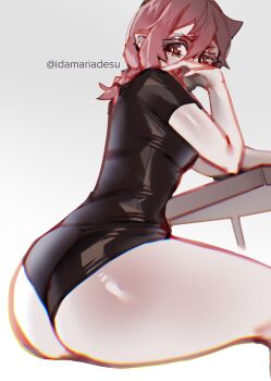1girl absurdres ass black_panties black_shirt brown_eyes commentary_request earrings ebi_(idamaria) from_behind hair_between_eyes highres idamaria jewelry long_hair looking_at_viewer original panties pointy_ears red_hair shirt short_braid sitting solo underwear white_background