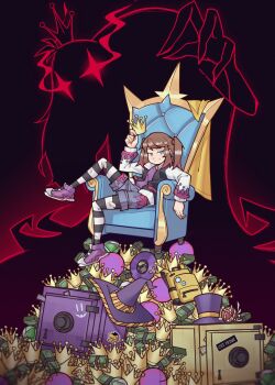 2girls a_hat_in_time absurdres apple backpack bag banknote black_crown black_hat black_jacket black_thighhighs blue_eyes blue_shorts blurry_edges brown_hair cape closed_mouth commentary conductor_(a_hat_in_time) cosplay crewmate_(among_us) crewmate_(among_us)_(cosplay) crown denim denim_shorts english_text eye_trail fangs food fruit fujimna gashapon gem glowing glowing_eyes gold_crown graffiti hat hat_kid hat_ribbon highres holding holding_crown jacket kepi light_trail long_hair long_sleeves looking_at_viewer medium_hair military_hat money multicolored_footwear multicolored_jacket multicolored_shorts multiple_girls official_alternate_costume outline paint_splatter pile pile_of_money pink_jacket pink_shoes pink_shorts popped_collar purple_footwear purple_hat purple_jacket purple_shirt purple_shorts queen_vanessa reaching reaching_towards_viewer red_outline red_yarn ribbon safe_(container) shirt shoes shorts sidelocks sitting_on_throne smirk sneakers sticker striped_clothes striped_ribbon striped_thighhighs symbol-only_commentary thighhighs throne ticket top_hat torn_clothes torn_thighhighs twintails unworn_backpack unworn_bag unworn_cape unworn_crown unworn_hat unworn_headwear vinyl_record white_footwear white_jacket white_thighhighs wide_shot witch_hat yarn yarn_ball yellow_bag yellow_cape yellow_ribbon