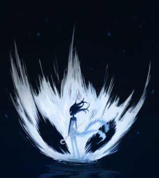 1other absurdres arthropod_girl aura black_hair black_skin colored_skin dress floating_hair from_behind full_body highres holding hollow_knight hollow_knight:_silksong no_mask phantom_(hollow_knight) pin_(hollow_knight) standing sunmk_s2 weapon white_eyes white_mask