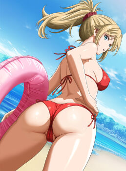 1girl anri_(holy) ass bare_arms bare_shoulders beach bikini blonde_hair blue_eyes blue_sky breasts cameltoe cloud covered_erect_nipples cowboy_shot dutch_angle from_behind hair_ornament hair_scrunchie hand_on_own_hip highres holding holding_swim_ring innertube large_breasts long_hair looking_at_viewer looking_back open_mouth original outdoors ponytail red_bikini red_scrunchie scrunchie side-tie_bikini_bottom sidelocks sky solo standing string_bikini swim_ring swimsuit twisted_torso water