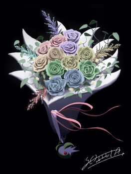 absurdres black_background blue_flower blue_rose bob_cut colored_skin dress flower gardevoir gen_3_pokemon green_flower green_hair green_rose highres holding holding_ribbon mega_gardevoir mega_pokemon nintendo pink_flower pink_ribbon pink_rose pokemon pokemon_(creature) purple_flower purple_rose red_eyes ribbon rose shita_desu signature simple_background white_dress white_skin