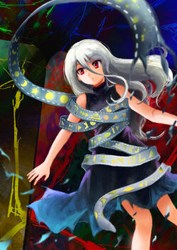 1girl bare_shoulders black_dress colorful_background commentary_request dress eye_of_providence feet_out_of_frame grey_hair grey_ribbon highres inamoyo knees long_hair red_eyes sideways_glance sleeveless sleeveless_dress snake solo touhou yuiman_asama