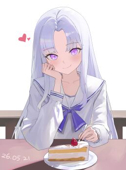 1girl absurdres ayatsuno_yuni blush cake cake_slice closed_mouth commentary cross-shaped_pupils curtained_hair elbow_rest food fruit grey_hair hand_rest heart highres holding_utensil long_hair long_sleeves nbee_ya neckerchief plate pov_across_table purple_eyes purple_neckerchief sailor_collar sailor_shirt school_uniform shirt simple_background smile solo stellive straight_hair strawberry symbol-shaped_pupils untranslatable_commentary virtual_youtuber white_background white_sailor_collar white_shirt