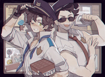 Rule 34 | 2boys, back-to-back, brown hair, commentary, english commentary, explosive, flexing, goodtimeswithscar, goodtimeswithscar (permit officer), green eyes, grin, hat, hermitcraft, holding, luminous slime, male focus, minecraft, minecraft youtube, multiple boys, muscular, muscular male, necktie, official alternate costume, one eye closed, police, police badge, police hat, police uniform, policeman, scar, short hair, skizzleman, smile, sunglasses, tnt, tnt block (minecraft), undone necktie, upper body