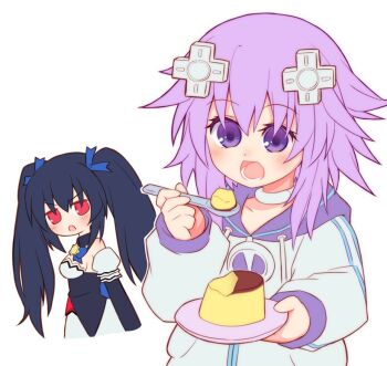 annoyed bare_shoulders black_hair breasts changyoushan choker collar d-pad d-pad_hair_ornament disinterested dress food hair_ornament hair_ribbon hood hoodie hungry jacket long_hair medium_breasts neptune_(neptunia) neptune_(series) noire_(neptunia) open_mouth parka plate pudding purple_eyes purple_hair red_eyes ribbon short_hair simple_background small_breasts spoon teeth tsundere twintails very_long_hair vest waistcoat white_background yamayama