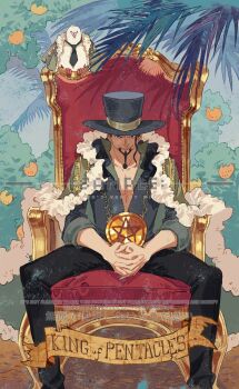 1boy bird black_hair black_necktie black_pants card_(medium) coat coat_on_shoulders commentary english_commentary facial_hair fur-trimmed_coat fur_trim goatee hat hattori_(one_piece) highres long_hair male_focus necktie one_piece pants pigeon rob_lucci sample_watermark sitting siyangou49 smile tarot tarot_(medium) watermark