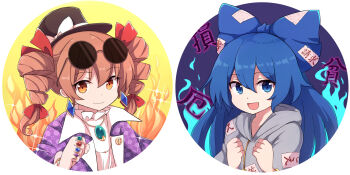 2girls :d arms_up black_headwear blue_bow blue_eyes blue_fire blue_hair bow brown_eyes brown_hair circle clenched_hand clenched_hands coat collarbone debt diamond_earrings drawstring dress drill_hair earrings eyewear_on_head fire glint grey_hoodie hair_between_eyes hair_bow hair_ribbon hat hat_bow highres hood hood_down hoodie jewelry long_hair looking_at_viewer multiple_girls open_clothes open_coat open_mouth pendant purple_background purple_coat red_ribbon ribbon ring rizento round_image smile sparkle split_screen sunglasses top_hat touhou twin_drills twintails upper_body very_long_hair white_bow white_dress yorigami_jo'on yorigami_shion