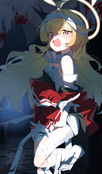 Rule 34 | 1girl, absurdres, bandage on hair, bandaged arm, bandaged chest, bandaged head, bandaged leg, bandages, bare shoulders, blonde hair, blue archive, blush, breasts, halloween costume, halo, highres, jacket, jacket partially removed, long hair, looking at viewer, mummy, mummy costume, naked bandage, night, official alternate costume, open mouth, red jacket, small breasts, solo, wako (1194433260), yellow halo, yoshimi (blue archive), yoshimi (halloween) (blue archive)