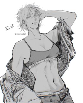 1girl abs artist_name bare_shoulders breasts denim english_text genderswap genderswap_(mtf) gojou_satoru greyscale hand_in_own_hair highres jacket jeans jujutsu_kaisen looking_at_viewer looking_down medium_hair monochrome mossmaybe1 navel open_clothes open_jacket pants simple_background solo solo_focus sports_bra venus_symbol white_background white_eyes white_hair