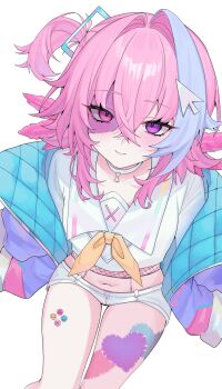 1girl absurdres choker closed_mouth collared_shirt commentary crop_top cursor_hair_ornament down_jacket hair_between_eyes hashtag-only_commentary heterochromia highres indie_virtual_youtuber jacket long_hair looking_at_viewer micro_shorts midriff mugripley multicolored_hair navel neckerchief off_shoulder one_side_up pawshies_(vtuber) pink_eyes pink_hair purple_eyes shirt shorts solo stitched_face stitches thighs two-tone_hair virtual_youtuber white_choker white_shirt white_shorts