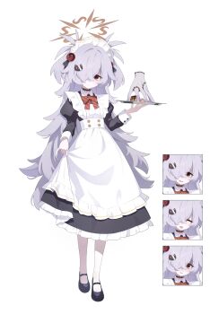 1girl absurdres alternate_costume black_shoes blue_archive brown_hair cat_hair_ornament closed_mouth clothes_lift dilated_pupils dress dress_lift expression_chart eyes_visible_through_hair frilled_dress frilled_hairband frills full_body hair_ornament hair_over_one_eye hairband happy highres holding holding_plate kanoe_(blue_archive) long_hair looking_at_viewer maid plate red_eyes sh1on shoes simple_background smile solo standing two_side_up very_long_hair white_background white_dress white_hairband worried