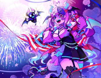 1girl :d aerial_fireworks ahoge american_flag artist_name backlighting black_overskirt black_thighhighs black_wings blue_sky blue_wings breasts bubi_(ironmouse) chain choker collarbone commentary demon_girl demon_horns demon_tail demon_wings ear_piercing english_commentary fangs fireworks flag frilled_shirt frills from_below garter_straps hair_ornament halftone hands_up head_wings heart heart_ahoge heart_choker heart_hair_ornament heterochromia highres holding holding_flag horns indie_virtual_youtuber ironmouse jacket large_breasts light_particles long_hair long_sleeves looking_at_viewer miniskirt multicolored_hair nail_polish night open_clothes open_jacket open_mouth outdoors par0llel piercing pink_hair pink_jacket pink_shirt pink_tail pink_wings pleated_skirt pointy_ears puffy_long_sleeves puffy_sleeves purple_eyes purple_hair red_choker red_eyes red_nails shirt sidelocks skirt sky smile solo sparkle spiked_choker spikes standing standing_on_one_leg star_(symbol) streaked_hair tail teeth thighhighs tongue twintails two-tone_hair two-tone_wings very_long_hair virtual_youtuber white_horns white_skirt wings