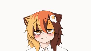 1girl :3 animal_ears animated animated_gif areola_slip arms_behind_back bags_under_eyes blush bra breast_focus breasts brown_fur brown_hair bursting_breasts button_gap buttons cleavage close-up closed_mouth commentary_request ear_wiggle egg_hair_ornament fang food-themed_hair_ornament furry furry_female hair_between_eyes hair_ornament head_out_of_frame head_tilt huge_breasts jitome kagarimachi_konatsu looking_at_viewer medium_hair multicolored_fur nekotsuki_kohime_(kagarimachi_konatsu) nipples orange_fur original popped_button removing_bra_under_shirt shirt short_hair short_sleeves simple_background smile solo taut_clothes taut_shirt underwear upper_body white_background white_bra white_fur white_shirt wing_collar yellow_eyes yellow_fur