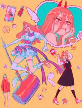 1girl blonde_hair blood blood_bag blood_on_face cellphone chainsaw_man coin commentary cosplay cross-shaped_pupils demon_girl demon_horns denji_(chainsaw_man) dress english_commentary eric_cartman eric_cartman_(cosplay) fourth_east_high_school_uniform frilled_skirt frills full_body ginka_jack gloves hair_between_eyes hammer hayakawa_aki heart highres holding holding_hammer horns huge_weapon jumping long_hair magical_girl multiple_girls neck_ribbon phone pinafore_dress power_(chainsaw_man) puffy_sleeves red_horns ribbon ringed_eyes school_uniform sharp_teeth shoes signature skirt sleeveless sleeveless_dress sneakers standing symbol-shaped_pupils teeth toilet_paper weapon white_dress white_gloves yellow_background yellow_eyes