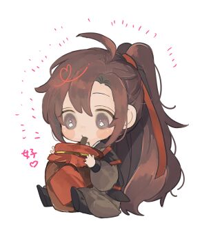 1boy ahoge alcohol amana_raika black_boots black_hanfu blush_stickers boots brown_eyes brown_hair chibi chibi_only chinese_clothes chinese_text drinking drinking_straw drinking_straw_in_mouth full_body grey_eyes hair_ribbon hanfu heart highres holding holding_jug jug_(bottle) long_hair long_sleeves looking_down male_focus modao_zushi ponytail red_ribbon red_sash ribbon robe sash sidelocks simple_background sitting solo very_long_hair wei_wuxian white_background