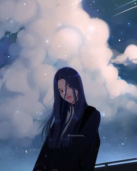 1girl aegyo_sal against_railing asian backpack bag black_bag black_eyes black_jacket blazer blue_eyes blue_hair blue_trim blunt_ends cloud cloudy_sky collared_shirt cumulonimbus_cloud evening eyelashes floating_hair heterochromia highres jacket light_particles light_smile long_hair looking_at_viewer original parted_bangs railing shirt shooting_star sky star_(sky) thick_eyebrows thick_lips twitter_username umi_(zeebythesea) white_background zeebythesea