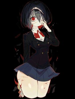 1girl another black_hair black_jacket blood blood_on_face blood_on_leg blue_skirt breasts closed_mouth commentary commentary_request cropped_legs english_commentary eyepatch hand_up highres jacket looking_at_viewer miniskirt misaki_mei mixed-language_commentary one_eye_covered pleated_skirt red_eyes school_uniform short_hair skirt small_breasts solo thighs usa37107692 yomiyama_north_junior_high_school_uniform