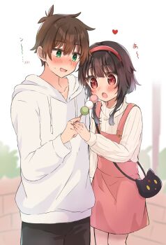 1boy 1girl :d :o alternate_costume bag black_hair blunt_bangs blush brown_hair casual character_print chomusuke contemporary couple cowboy_shot dango dating day dress eyes_visible_through_hair feeding food green_eyes hair_between_eyes hairband hand_up handbag heart hetero highres holding holding_food holding_hands hood hood_down hoodie kono_subarashii_sekai_ni_shukufuku_wo! looking_at_another looking_at_food megumin open_mouth outdoors pinafore_dress pink_dress red_eyes red_hairband ribbed_sweater sanshoku_dango satou_kazuma short_hair short_hair_with_long_locks simple_background sleeveless sleeveless_dress smile spiked_hair sweatdrop sweater turtleneck turtleneck_sweater wagashi white_background white_hoodie white_sweater yuno_(suke_yuno)